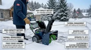 A technical illustration of a cordless electric snow blower with a high-capacity battery designed to withstand Canadian frost.