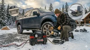 A Canadian roadside emergency kit checklist featuring a compact portable air compressor and safety flares for winter travel.