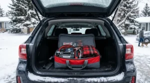 A Canadian winter emergency car kit featuring a compact tire inflator for roadside safety.