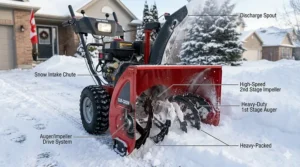 Technical drawing of deep-tread snow tires on a two-stage snow blower for icy driveway conditions.