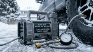 A heavy-duty portable air pump designed to handle large winter tires in extreme cold.