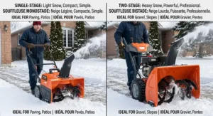Diagram showing how a single stage snow blower auger scoops and throws snow in one motion, ideal for Canadian urban walkways.