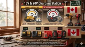 Illustration comparing the weight and handle grip of a compact 18V drill versus a high-power 20V model for overhead work.