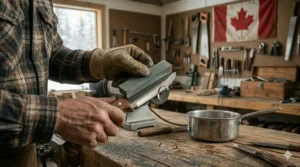 A photorealistic 4K close-up in a Canadian workshop, showing a gloved hand dipping a heated knife blade into a water pot to prevent overheating.