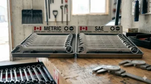 A photorealistic illustration comparing SAE and metric combination wrench sizes side-by-side, part of a comprehensive combo set in a Canadian garage workshop.