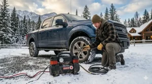 Diagram of a 12V portable air compressor inflating large truck tires after off-roading in the Canadian Rockies.