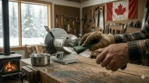 A photorealistic 4K detailed photograph of a woodworker in a Canadian workshop using a deburring stone to remove the burr from a newly sharpened knife edge.