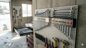 A photorealistic illustration showcasing the SAE and Metric Wrench Combo Set neatly organized on a pegboard wall rack within a Canadian garage workshop.
