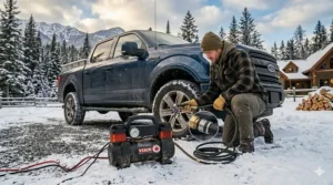 Product graphic featuring a portable air compressor with bilingual English and French Canadian safety labeling (gonfleur portatif).