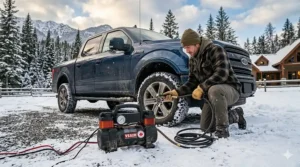 Illustration of a portable air compressor being used to blowout water lines for RV winterization in Canada.