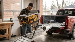 A contractor loading a portable jobsite table saw into a pickup truck for a renovation project in Toronto.