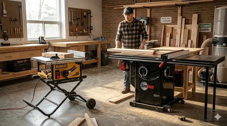 A comparison of a compact portable table saw and a professional cabinet saw in a Canadian woodshop, highlighting the size difference for hobbyists and pros. portable table saw vs cabinet saw