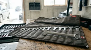 A photorealistic illustration showcasing a selection of metric and SAE wrenches from a larger combo set, neatly stored in a portable canvas tool roll on a rustic wooden bench in a Canadian garage.