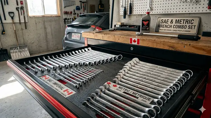 A comprehensive SAE and metric wrench combo set with bilingual labeling, organized in a toolbox drawer within a professional Canadian garage.