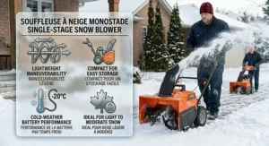 Safety illustration showing proper path clearing and cord management for a single stage snow blower on a sidewalk.