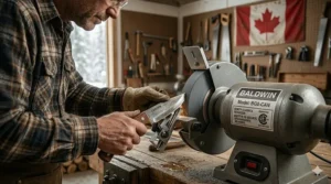Essential safety gear for bench grinder knife sharpening including CSA-approved goggles and heavy-duty gloves.
