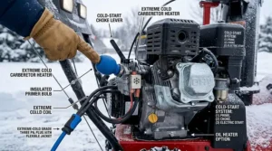 Illustration of a snow blower engine featuring cold-start technology designed to handle extreme sub-zero temperatures in Northern Canada.
