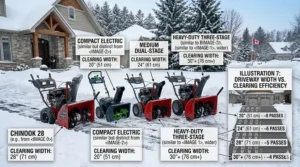Illustration depicting various snow blower clearing widths to help Canadian homeowners choose the right size for large suburban driveways.