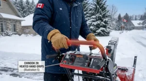 Illustration of a person using a snow blower with heated hand grips, a premium feature for comfort during freezing Ontario or Quebec winters.