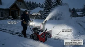 An illustration of bright LED headlights on a snow blower, essential for early morning or late night snow removal in dark Canadian winters.