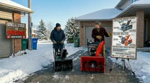 Maintenance checklist for single and two-stage snow blowers with English and French labels for Canadian owners.