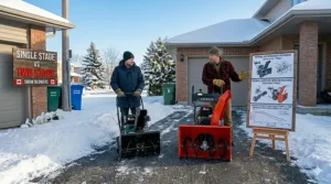 Comparison of the compact size of a single-stage blower versus the larger storage footprint of a two-stage snow blower.