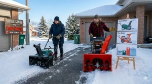 Comparison of a single-stage snow blower on a deck and a two-stage model on a gravel driveway, highlighting clearance height.