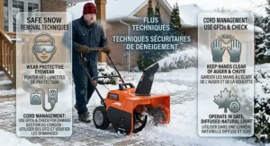 A bilingual-friendly graphic of a single stage snow blower (souffleuse à neige monostade) designed for light to moderate snow.