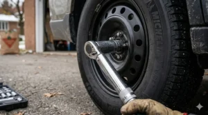 A hand in a plaid work glove dialing back a click-style torque wrench to its lowest setting for proper long-term storage in a cold Canadian garage.