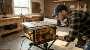 Close-up of blade guard and riving knife safety features with bilingual English and French warning labels for the Canadian market.
