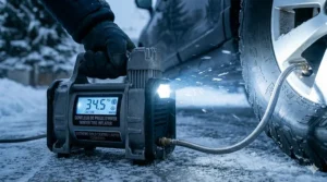 Using a tire inflator with a built-in LED light to check tire pressure during a dark Canadian winter night.