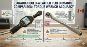 Infographic showing how extreme Canadian cold affects the accuracy of digital vs click type torque wrenches.