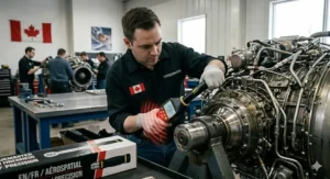 Mechanic using a digital torque wrench on a vehicle engine; ideal for high-precision Canadian aerospace or auto repairs.