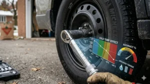 Visualizing proper clearance using a deep-well socket and extension on a torque wrench for accurate winter tire installation.