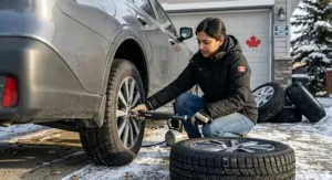Using a torque wrench for a winter tire change in Canada; ensuring safety during seasonal maintenance.