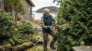 Illustration of a senior woman trimming a cedar hedge with a lightweight chainsaw in a coastal British Columbia garden.