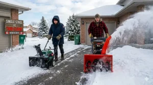 A powerful two-stage snow blower clearing the heavy, packed snow bank left by a city plow at the end of a driveway.