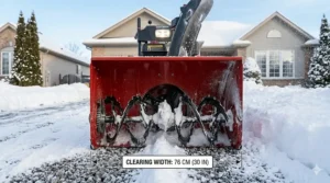 Illustration showing adjustable skid shoes on a snow blower for use on both gravel and paved surfaces.