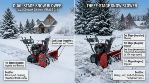 A comparative diagram showing the difference between two-stage and three-stage snow blowers for handling heavy, wet Canadian snow.