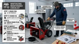 A seasonal maintenance checklist illustration for prepping a snow blower for the upcoming Canadian winter season.
