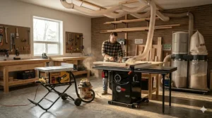 A cabinet saw connected to a professional dust extraction system, essential for enclosed Canadian basement workshops.