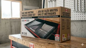 A photorealistic illustration of the bilingual English and French product packaging for the SAE and Metric Wrench Combo Set, placed on a workbench in a Canadian garage.
