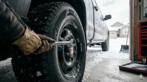 A photorealistic illustration of a user changing a vehicle's winter tire in a snowy Canadian driveway, using a wrench from the bilingual SAE and Metric Wrench Combo Set.