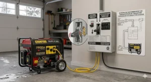 Technical diagram of a generator for home backup 7500 watts connected to a manual transfer switch in a Canadian garage.