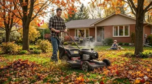 A rugged lawn mower navigating the uneven, rocky terrain typical of backyards in the Canadian Shield or maritime regions.