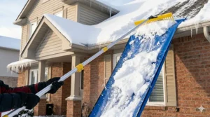 A photorealistic close-up illustration of the specific avalanche-style roof snow rake with its blue fabric slide mechanism in action, showing a continuous sheet of heavy snow gravity-feeding off a Canadian roof under natural winter light.