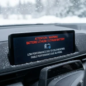 A dashboard alert icon in English and French (Attention/Warning) showing low lithium battery performance in cold weather.