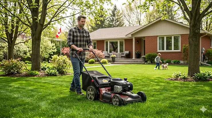 A high-performance lawn mower for the Canadian climate being used on a lush green lawn with a suburban Canadian home and maple trees in the background.