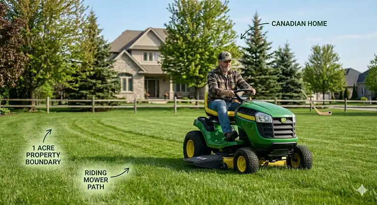 A high-performance riding mower cutting a lush one-acre lawn in a Canadian suburban neighborhood during spring.