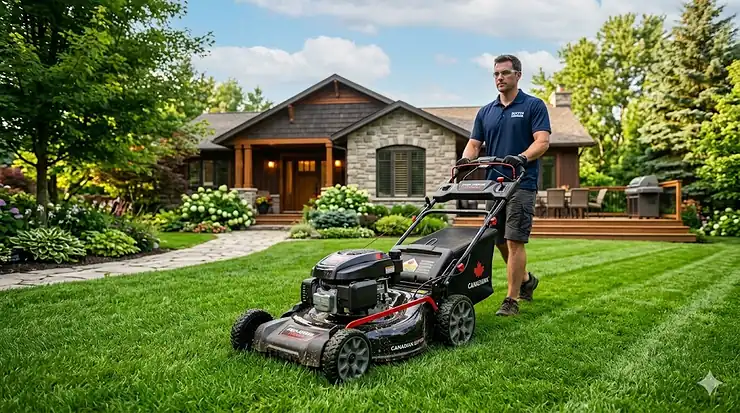 A high-performance self propelled lawn mower on a lush green lawn in a Canadian suburban neighborhood.
